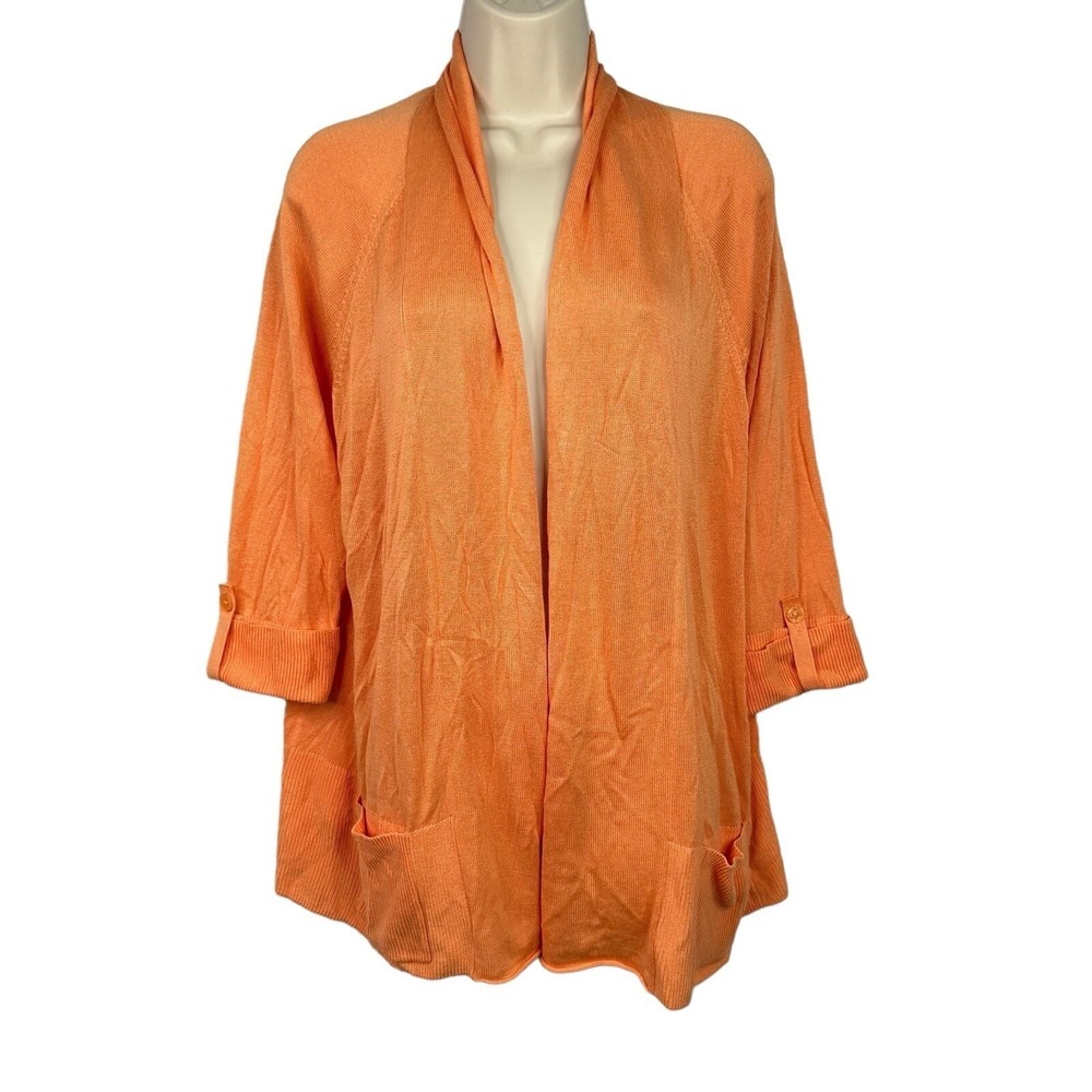 Chico's Open Front Cardigan Sweater Womens Orange Sz 3 (XL/16) Tab Sleeves Boho